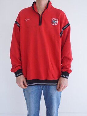 Vintage 90s Nike Red Polska Soccer Spellout Zip Sweatshirt Soccer made in USA XL